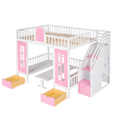 Full-Over-Full Bunk Bed with Changeable Table , Bunk Bed Turn into Upper Bed and Down Desk - Pink - Home Elegance USA