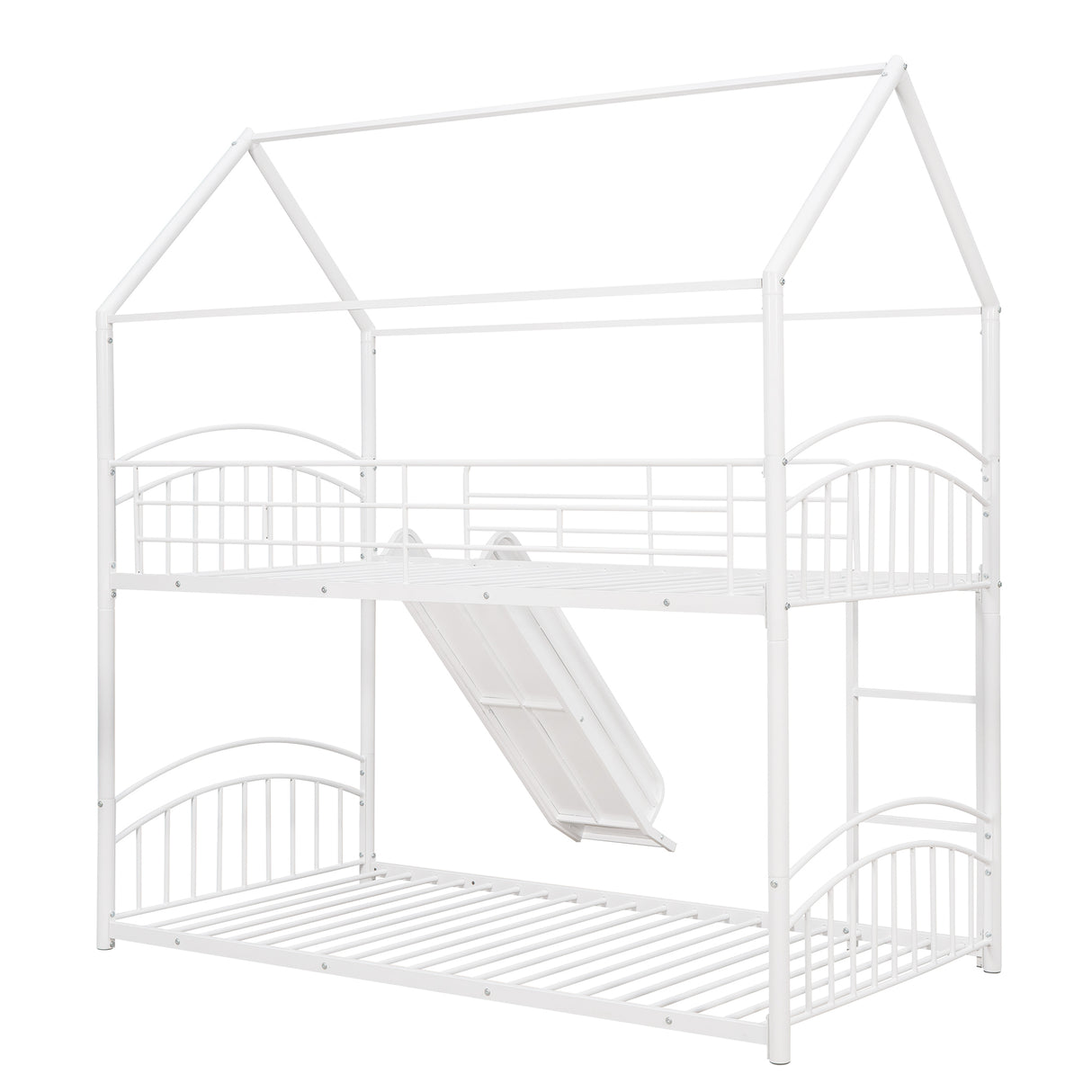 Twin Over Twin Metal Bunk Bed With Slide,Kids House Bed White - Home Elegance USA