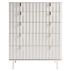 Modulum Tall Drawer Chest Adobe Faux Stone with Fluted Drawers & Stainless Steel Base | Bernhardt
