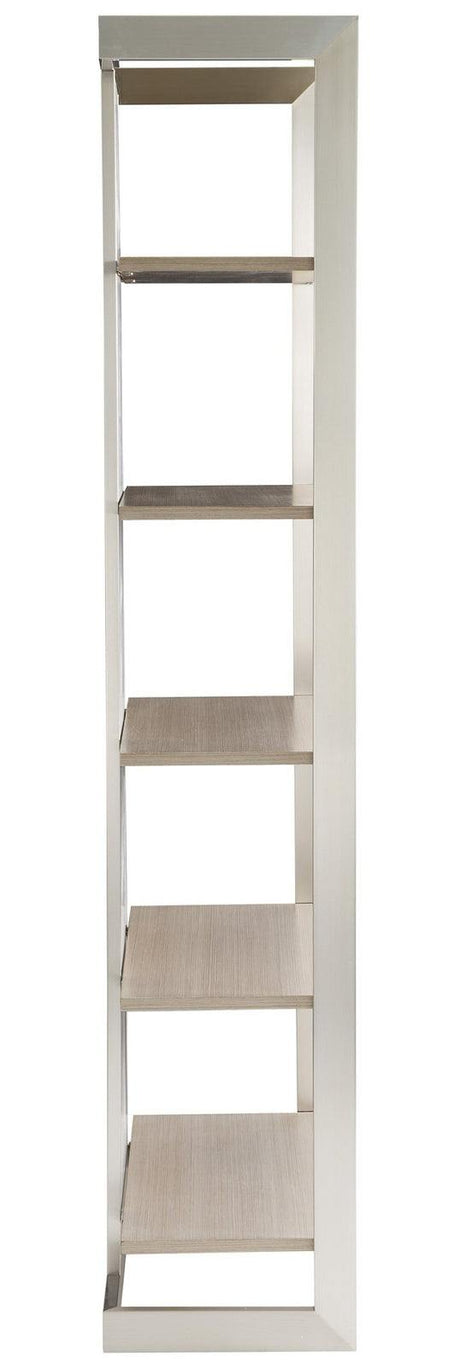 Axiom Etagere in Stainless Steel Frame & Linear Grey Shelves | Bernhardt | Minimalist Modern Design
