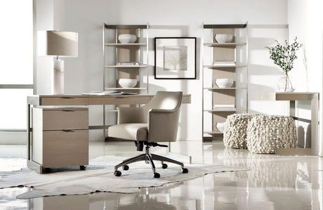 Axiom Etagere in Stainless Steel Frame & Linear Grey Shelves | Bernhardt | Minimalist Modern Design