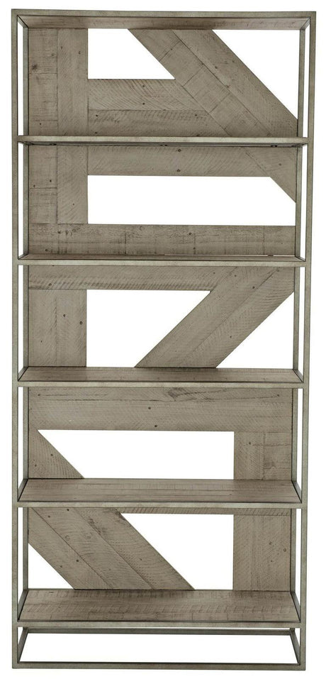 Polk Etagere in Glazed Silver & Morel Finish | Bernhardt | Rustic Farmhouse & Mid-Century Design with Planked Wood Shelves