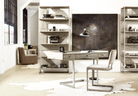 Polk Etagere in Glazed Silver & Morel Finish | Bernhardt | Rustic Farmhouse & Mid-Century Design with Planked Wood Shelves