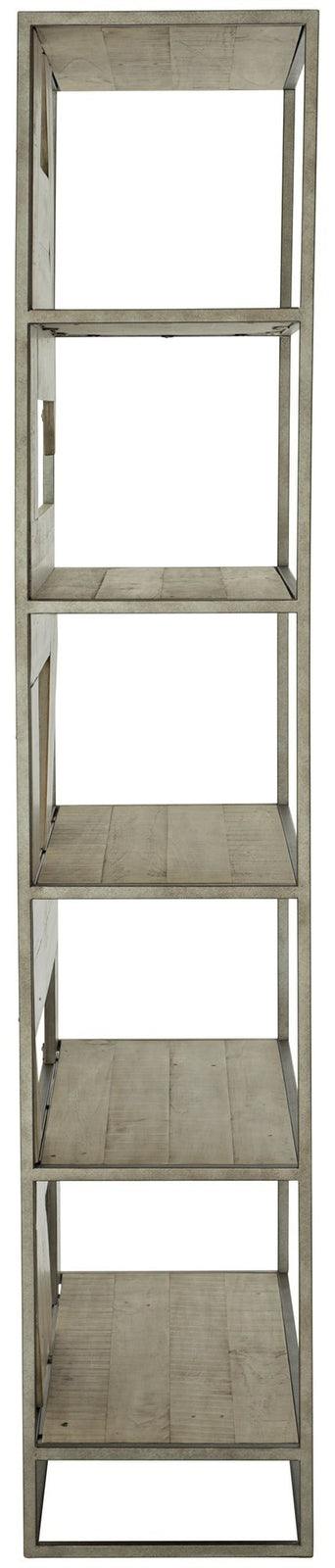 Polk Etagere in Glazed Silver & Morel Finish | Bernhardt | Rustic Farmhouse & Mid-Century Design with Planked Wood Shelves