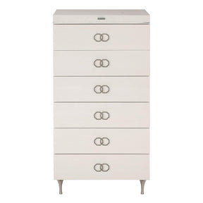 Silhouette Glam Modern Tall Drawer Chest Eggshell Finish with Stainless Steel Accents | Bernhardt