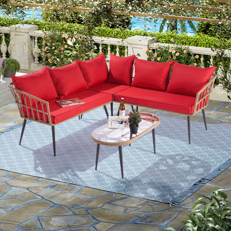 Outdoor Garden Rattan Furniture Sofa Set natural rattan color with red cushion