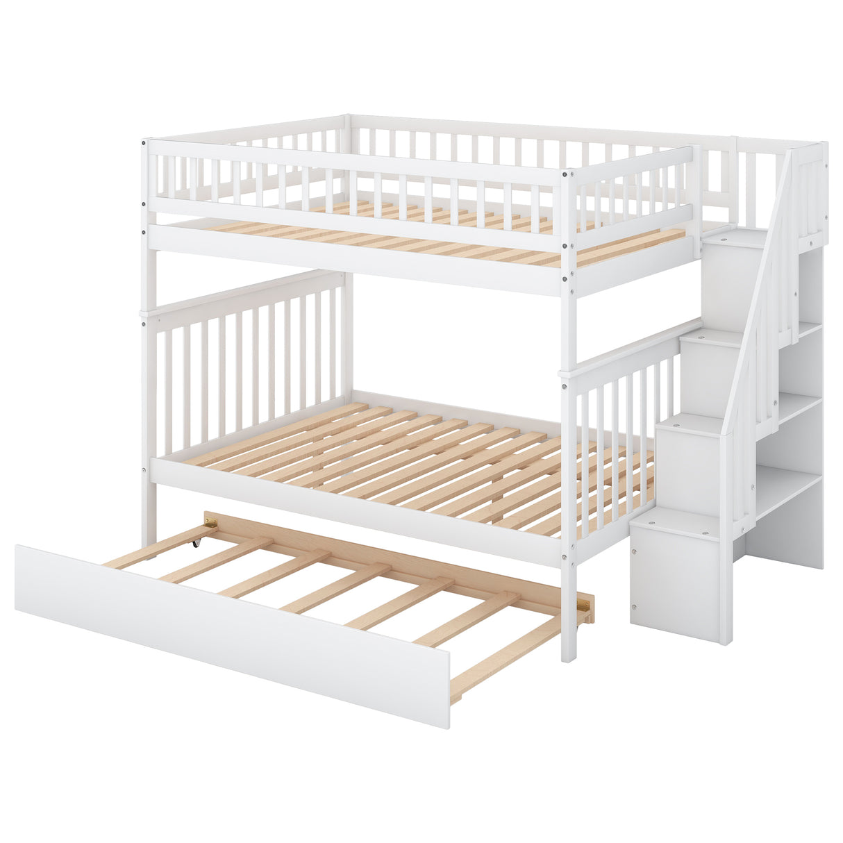 Full over Full Bunk Bed with Trundle and Staircase,White - Home Elegance USA