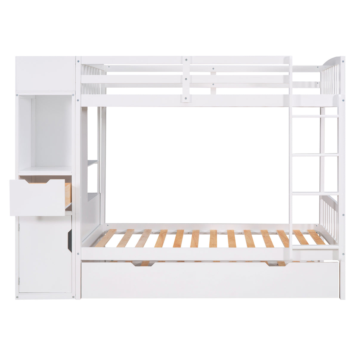 Twin Size Bunk Bed with Trundle and Attached Multifunctional Locker,White - Home Elegance USA