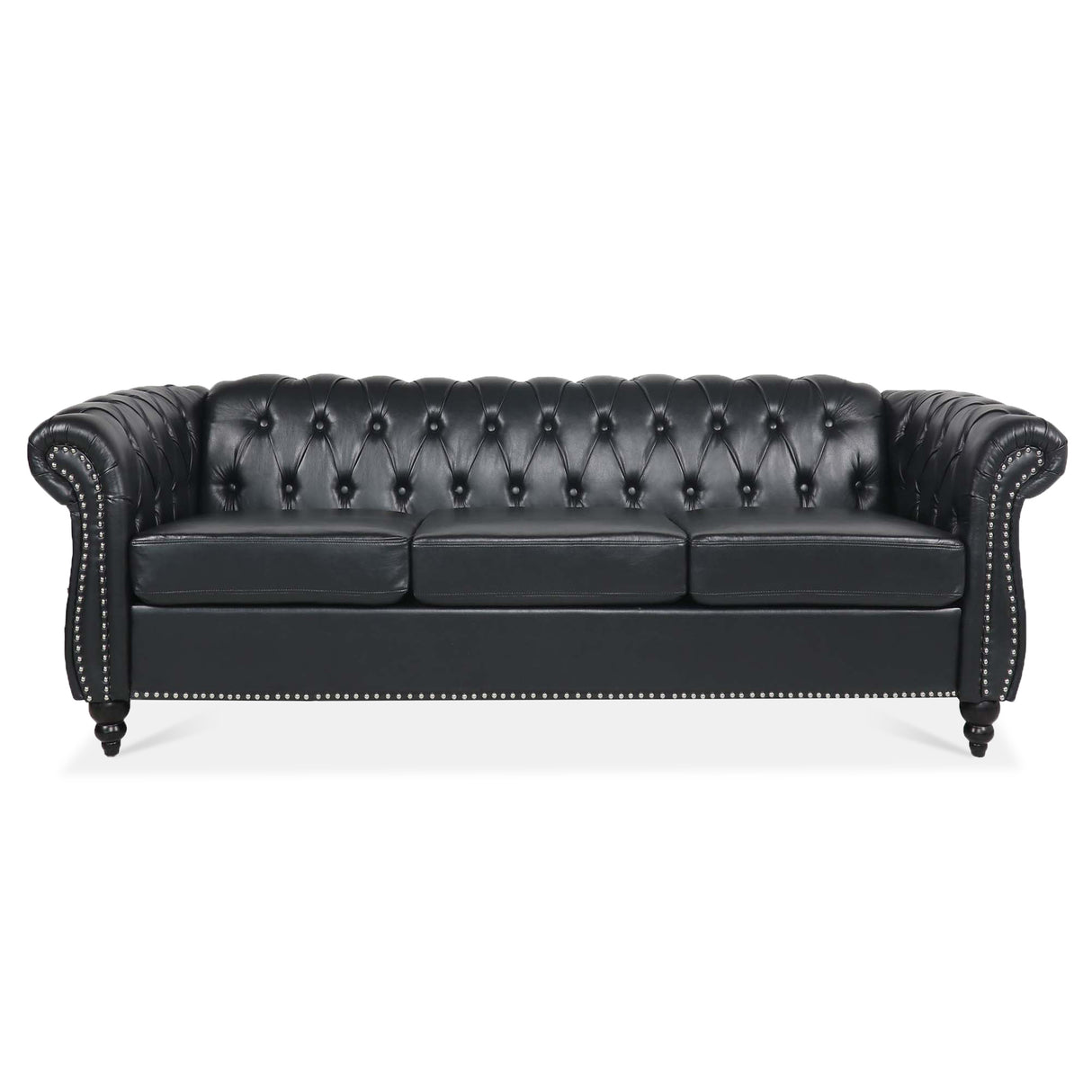 84.65" BLACK PU Rolled Arm Chesterfield Three Seater Sofa. - W68035340 - image - 3