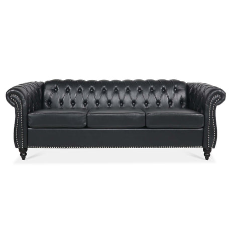 84.65" BLACK PU Rolled Arm Chesterfield Three Seater Sofa. - W68035340 - image - 3