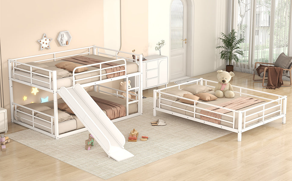 Full Size Metal Bunk Bed with Ladders and Slide, Divided into One Platform and Loft Bed, White - Home Elegance USA