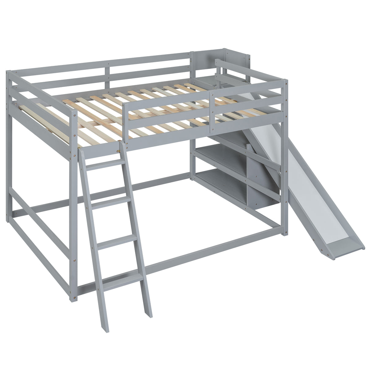 Full over Full Bunk Bed with Ladder, Slide and Shelves, Gray - Home Elegance USA