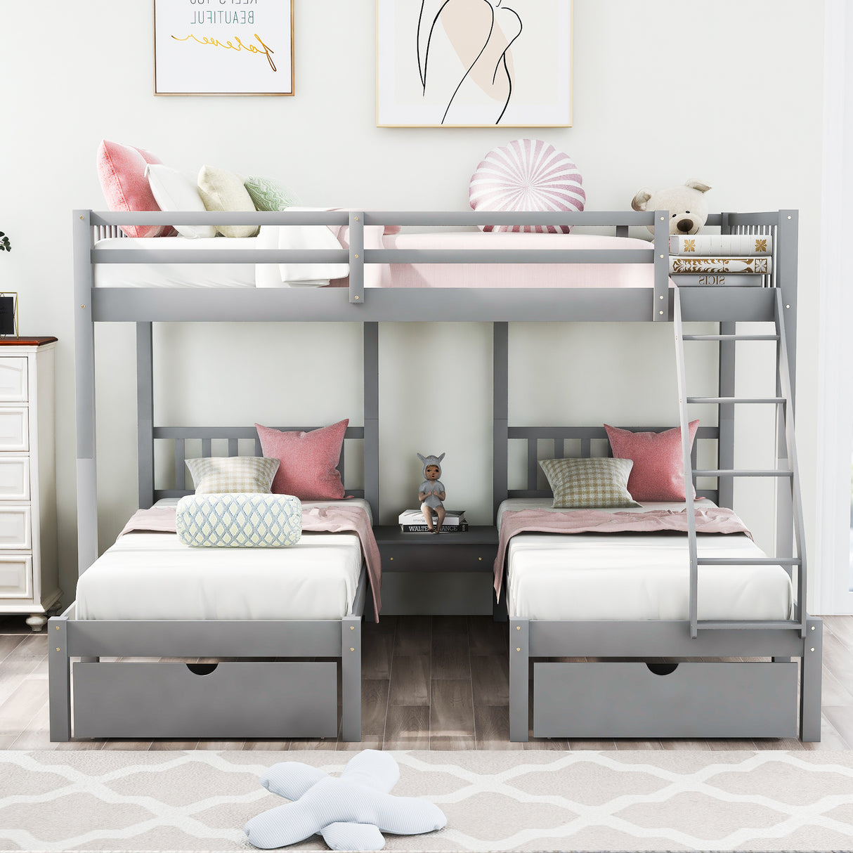 Full Over Twin & Twin Bunk Bed, Wood Triple Bunk Bed with Drawers and Guardrails, Gray (OLD SKU: LP000143AAE) - Home Elegance USA