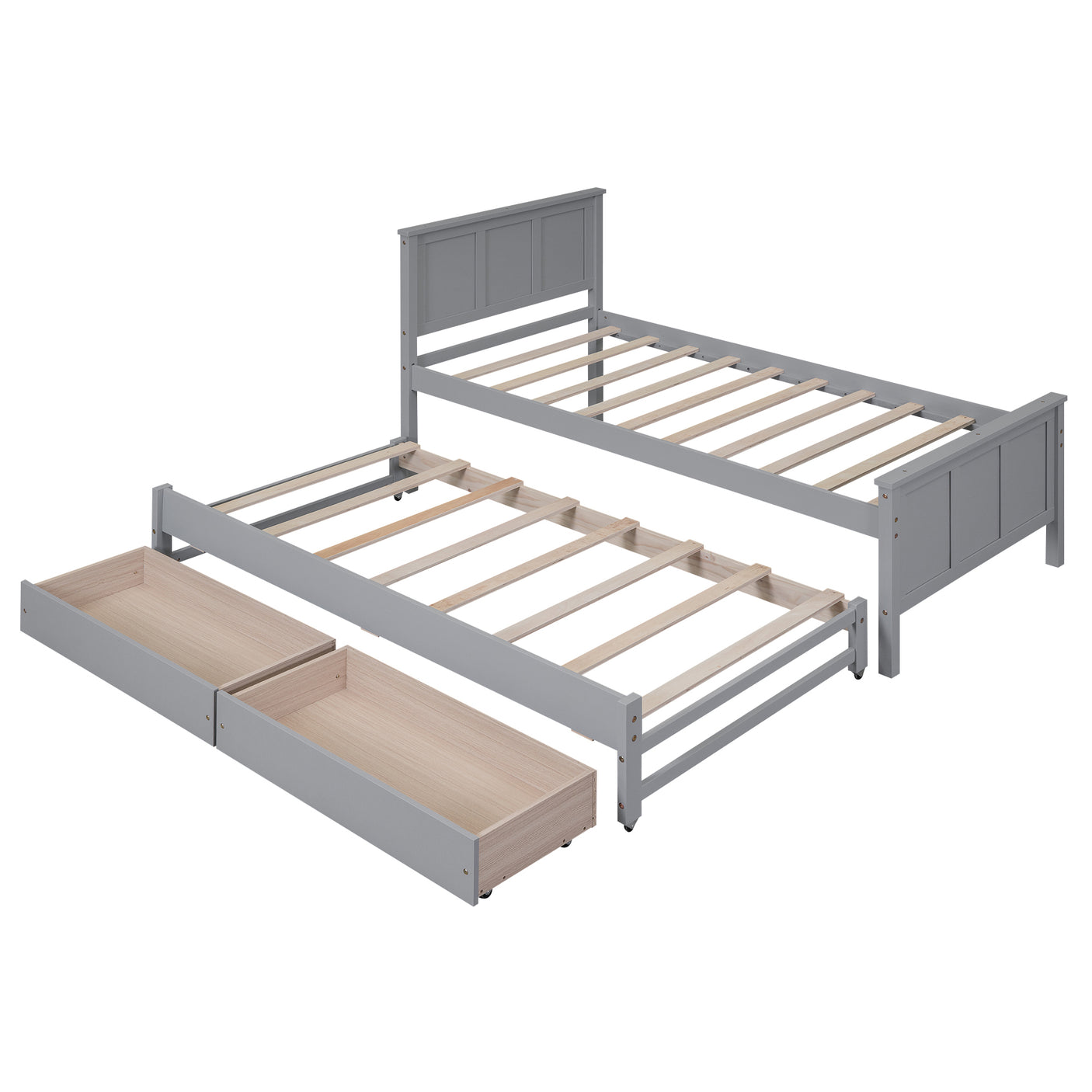 Twin Size Platform Bed with Trundle and Drawers, Gray - Home Elegance USA