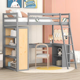 Twin Size Loft Bed with Ladder, Shelves, and Desk, Gray - Home Elegance USA