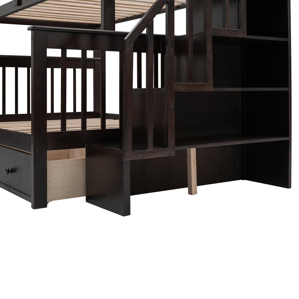 Stairway Twin-Over-Full Bunk Bed with Drawer, Storage and Guard Rail for Bedroom, Dorm, for Adults, Espresso color( old sku: LP000219AAP ) - Home Elegance USA