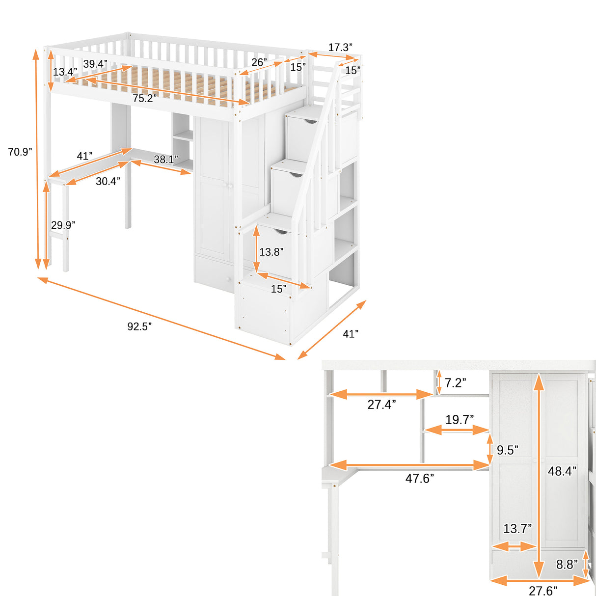 Twin size Loft Bed with Bookshelf,Drawers,Desk,and Wardrobe-White - Home Elegance USA