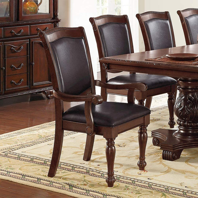 Royal Majestic Formal Set of 2 Arm Chairs Brown Color Rubberwood Dining Room Furniture Faux Leather Upholstered Seat - Home Elegance USA