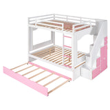 Full Over Full Bunk Bed with Trundle ,Stairs,Ladders Solid Wood Bunk bed with Storage Cabinet （White + Pink） - Home Elegance USA