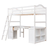 Twin size Loft Bed with Drawers, Cabinet, Shelves and Desk, Wooden Loft Bed with Desk - White(OLD SKU :LT000505AAK) - Home Elegance USA