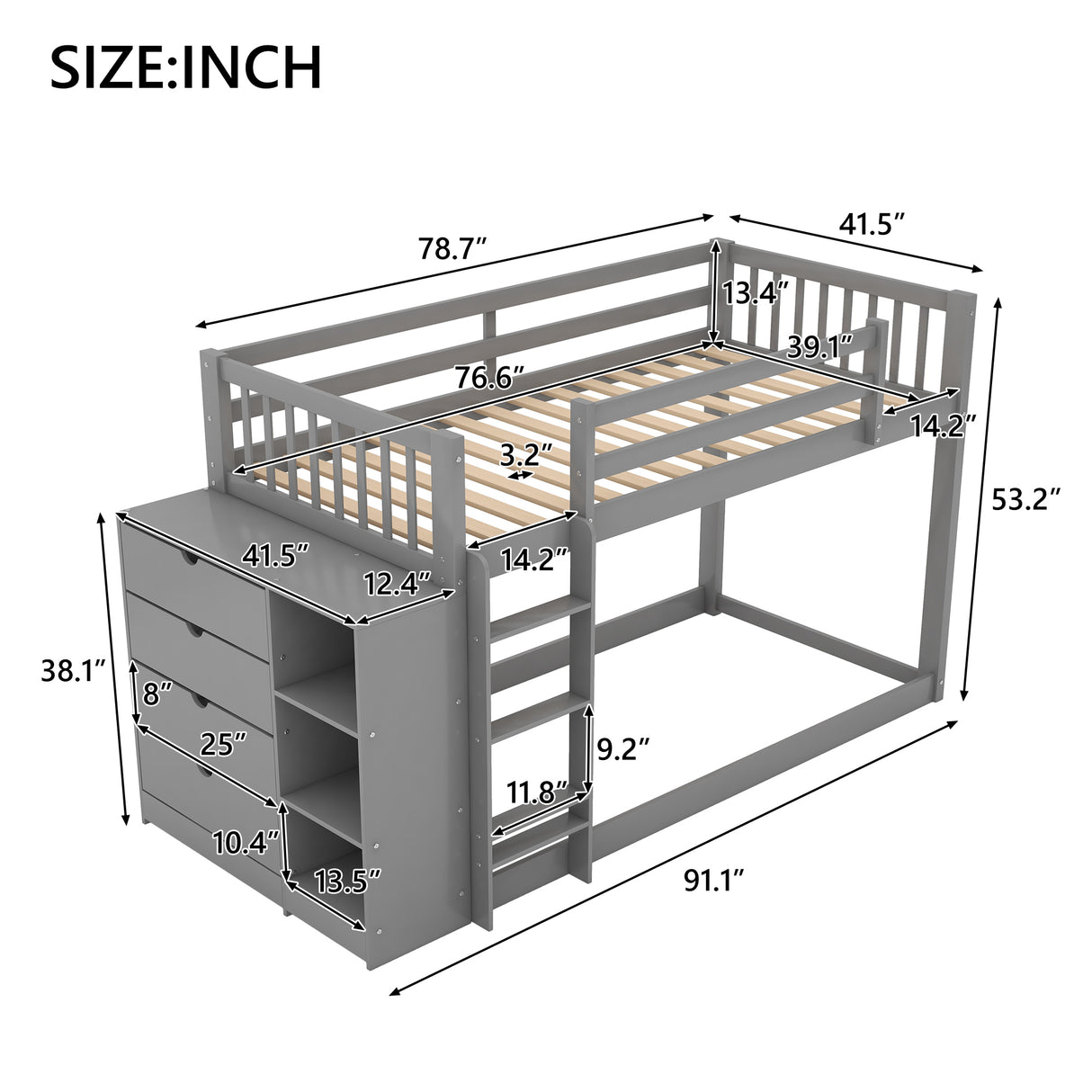 Twin over Twin Bunk Bed with Attached Cabinet and Shelves Storage ,Gray (OLD SKU:GX000513AAE) - Home Elegance USA