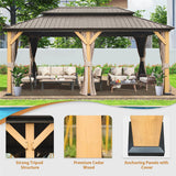 12'x20' Hardtop Gazebo, Outdoor Cedar Wood Frame Canopy with Galvanized Steel Double Roof, Outdoor Permanent Metal Pavilion with Curtains and Netting for Patio, Backyard and Lawn(Brown) - W1859S00019 - image - 4