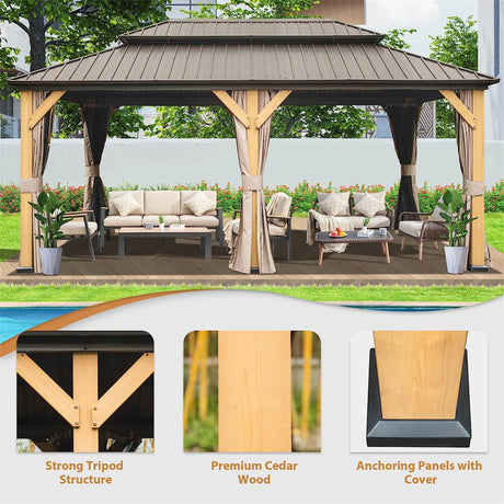 12x20 Hardtop Gazebo | Cedar Wood Frame, Galvanized Steel Roof | Metal Pavilion with Curtains & Netting – Brown