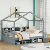 Full Size Wooden House Bed with Shelves and a Mini-cabinet, Gray - Home Elegance USA