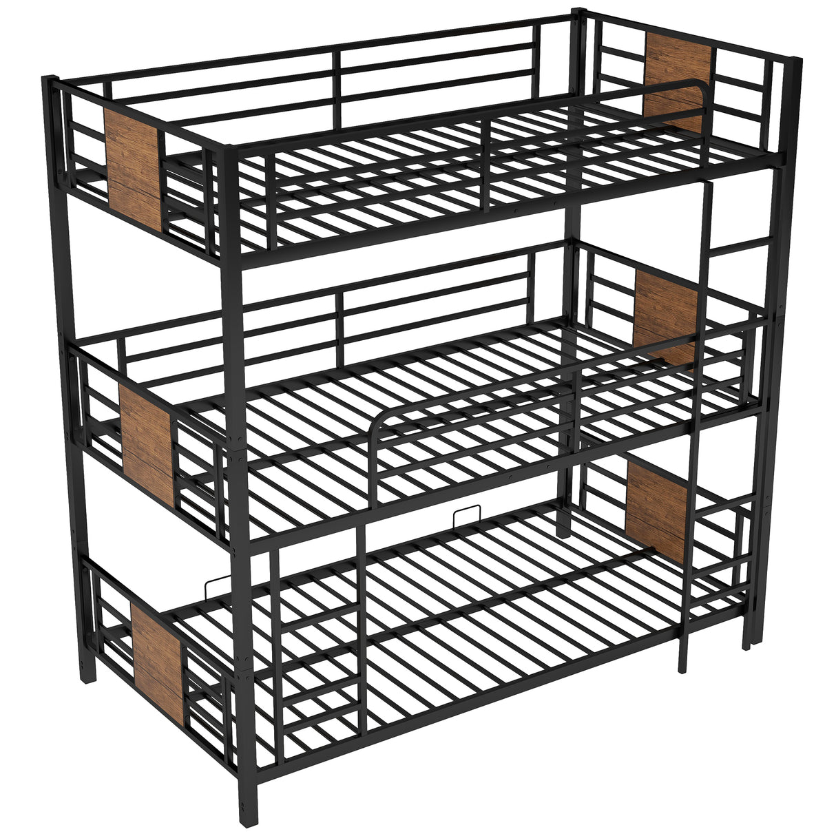 Twin Size Triple Metal Bunk Bed, with Wood Decoration Headboard and Footboard, Brown - Home Elegance USA