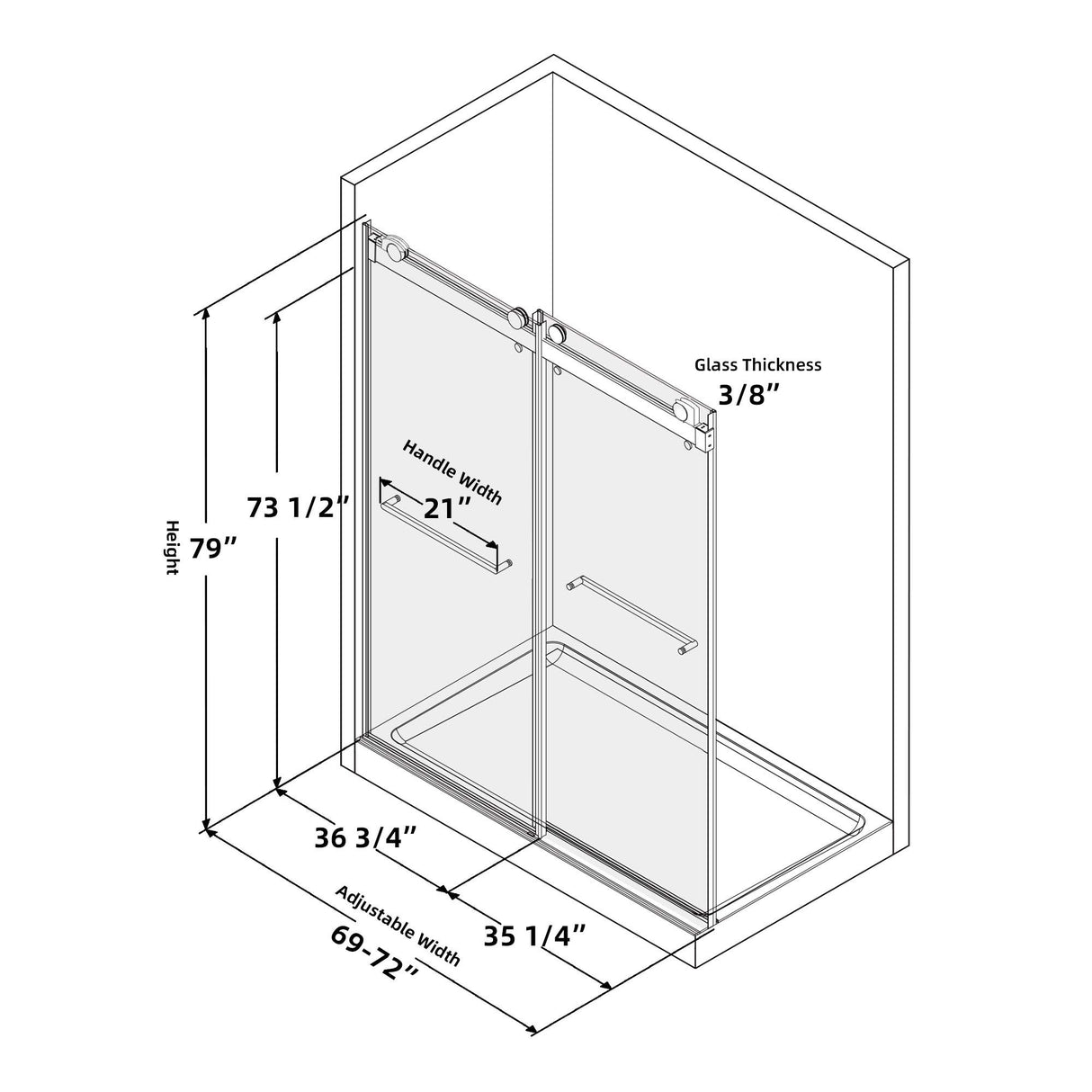 Frameless Double Sliding Shower, 69" - 72" Width, 79" Height, 3/8" (10 mm) Clear Tempered Glass, , Designed for Smooth Door with Clear Tempered Glass and Stainless Steel Hardware Brushed Nickel