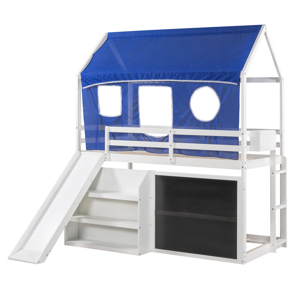 Twin over Twin House Bunk Bed with Blue Tent, Slide, Shelves and Blackboard, White - Home Elegance USA