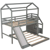 Twin over Full House Bunk Bed with Convertible Slide and Storage Staircase,Full-Length Guardrail,Gray - Home Elegance USA