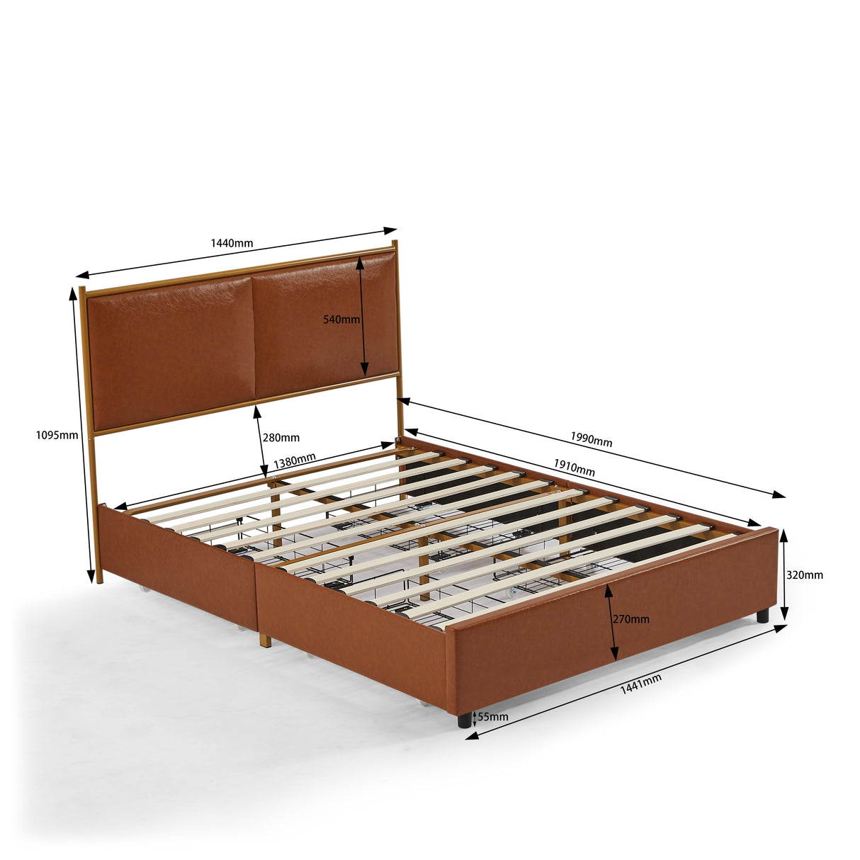 Coffee, Full-size bed. Classic steamed bread shaped backrest, metal frame, solid wood ribs, with four storage drawers, sponge soft bag, comfortable and elegant atmosphere - Home Elegance USA