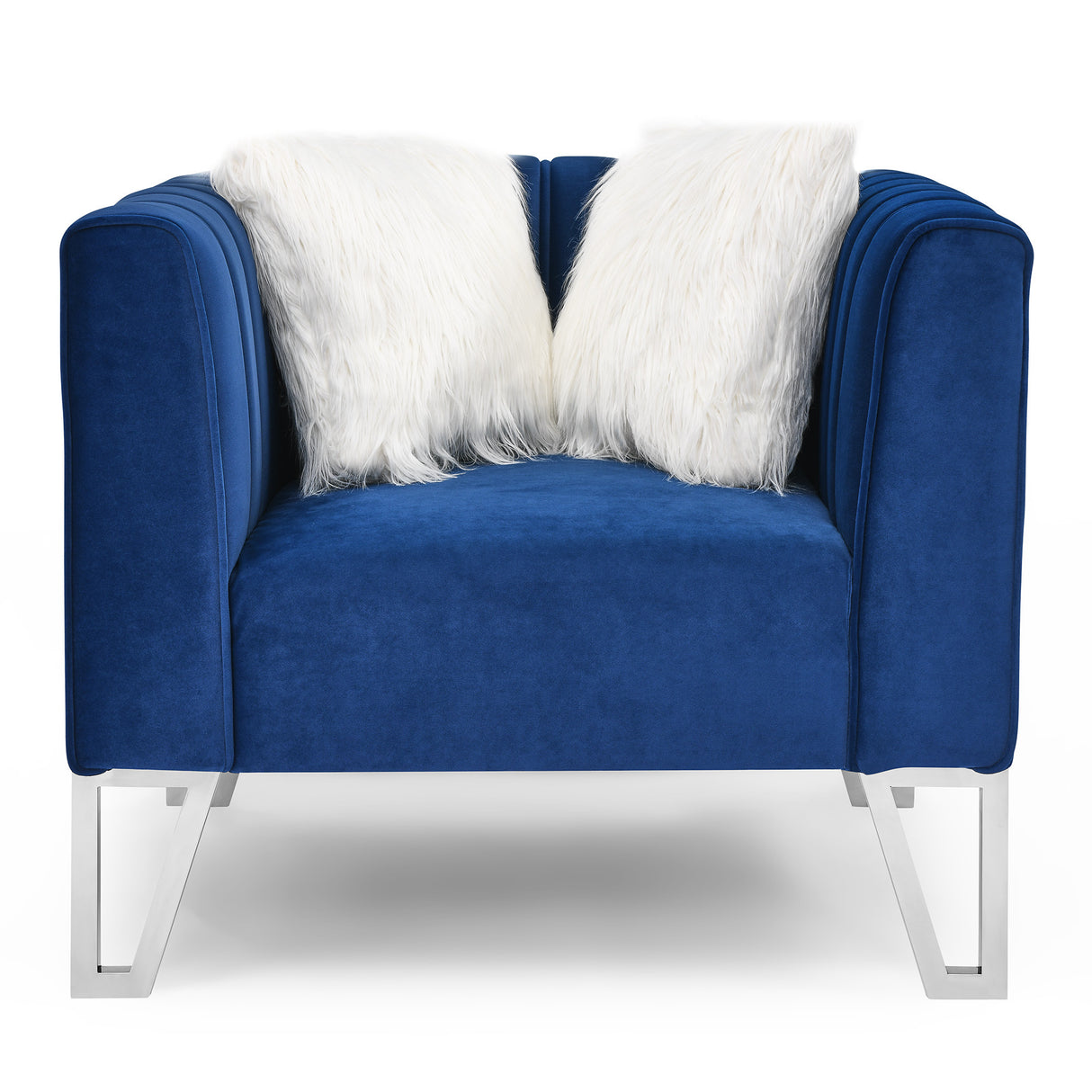 Sofa Chair with Mirrored Side Trim with Faux Diamonds and Stainless Steel Legs, Six White Villose Pillow, Blue (36.5”Lx32.75”Wx29.5”H) Home Elegance USA