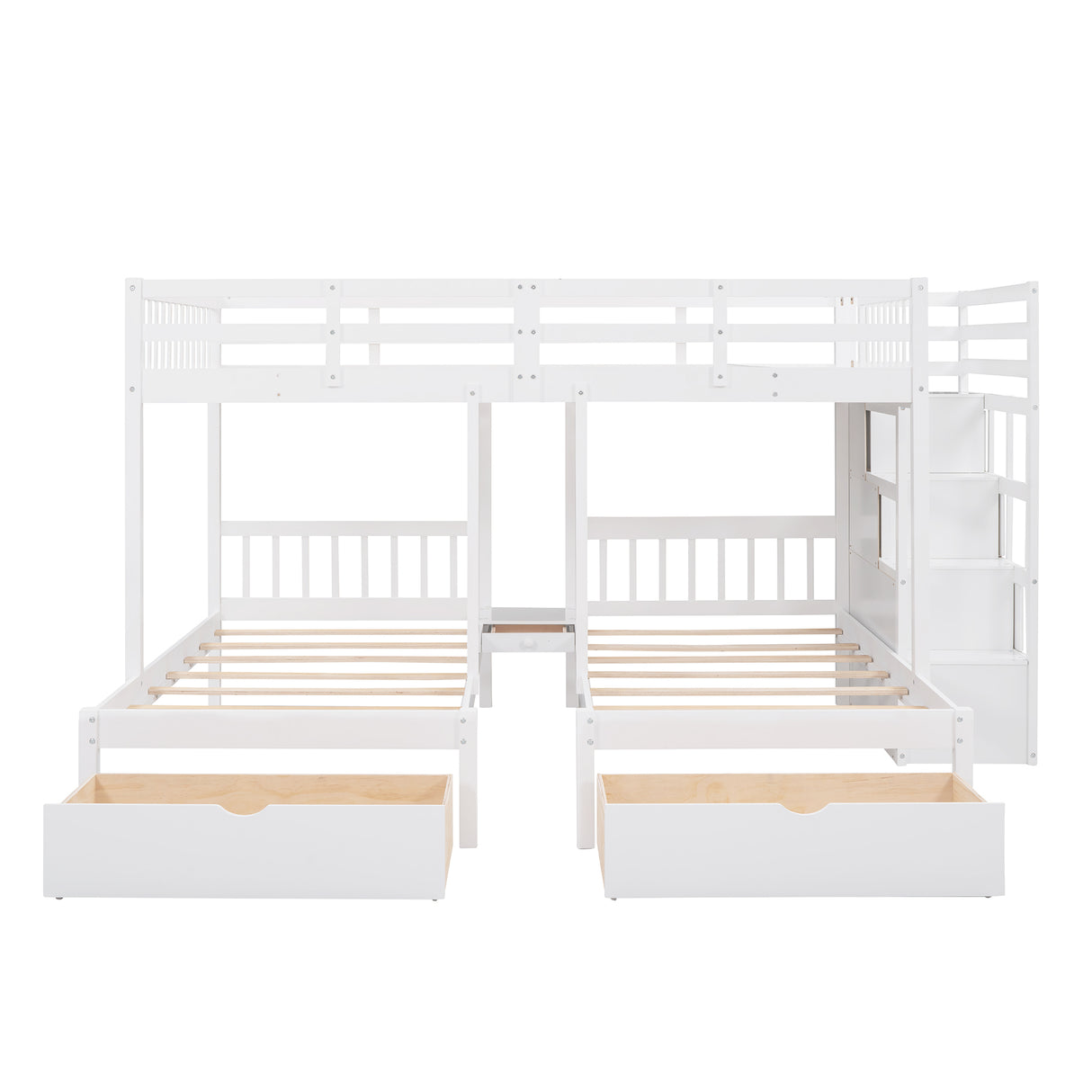 Full Over Twin & Twin Bunk Bed, Wood Triple Bunk Bed with Drawers and Guardrails (White) Home Elegance USA