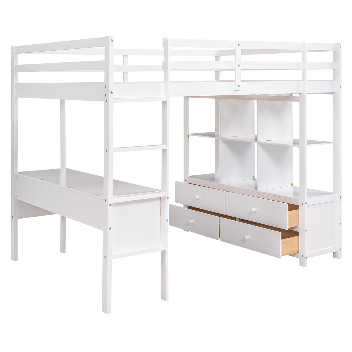 Full Size Loft Bed with Built-in Desk with Two Drawers, and Storage Shelves and Drawers,White - Home Elegance USA