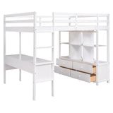 Full Size Loft Bed with Built-in Desk with Two Drawers, and Storage Shelves and Drawers,White - Home Elegance USA