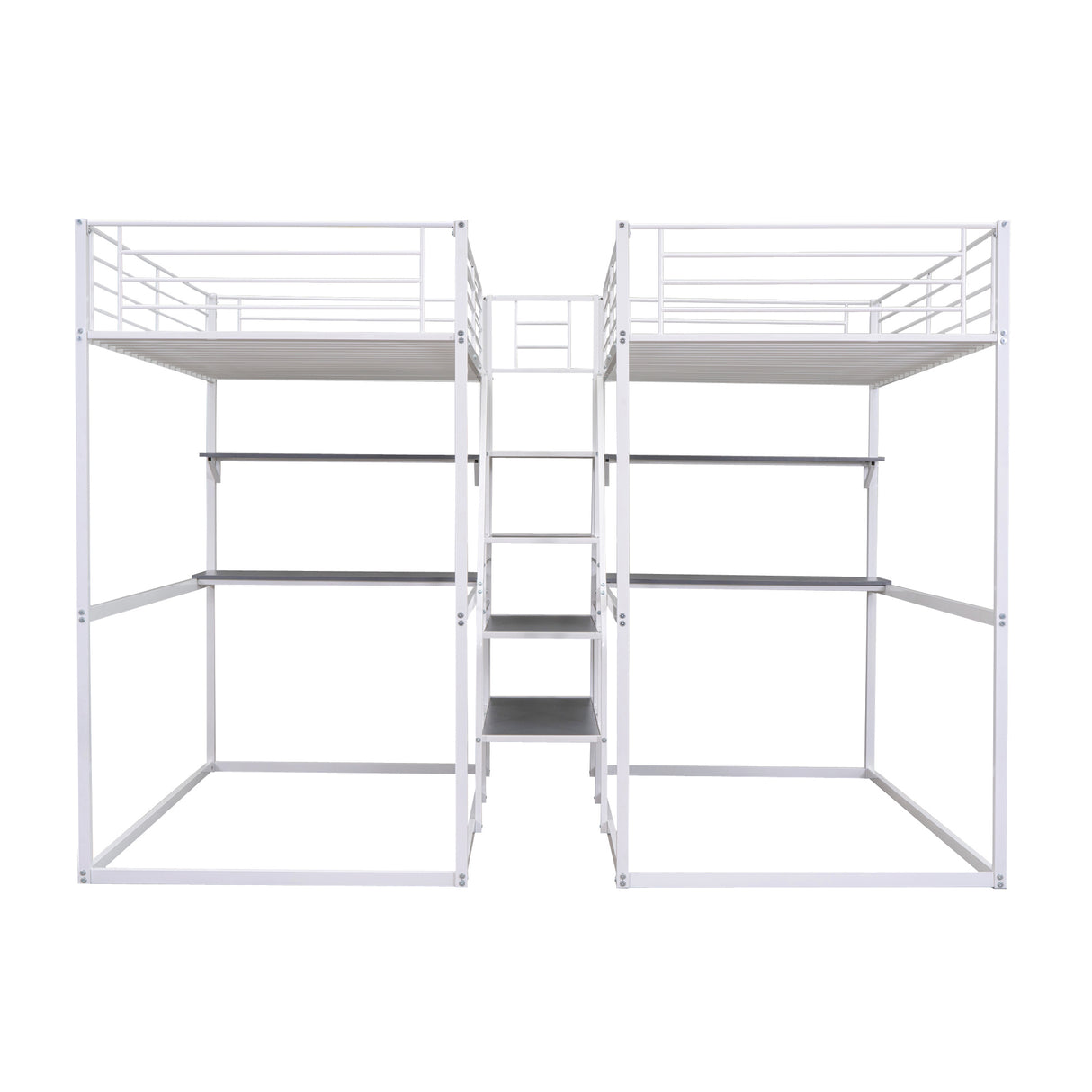 Double Twin over Twin Metal Bunk Bed with Desk, Shelves and Storage Staircase, White - Home Elegance USA