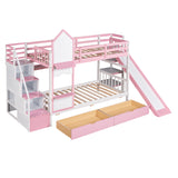 Twin-Over-Twin Castle Style Bunk Bed with 2 Drawers 3 Shelves and Slide - Pink