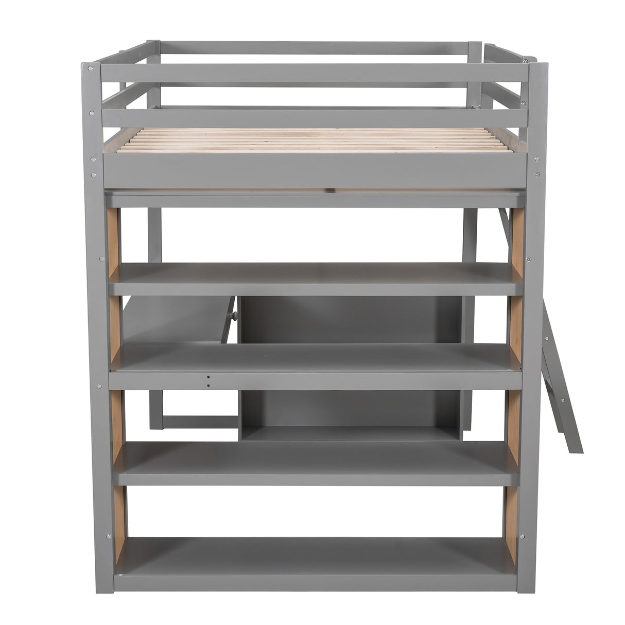 Full Size Loft Bed with Ladder, Shelves, and Desk, Gray - Home Elegance USA