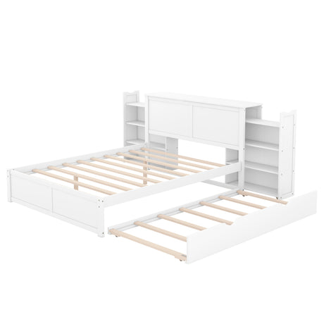 Queen Size Storage Platform Bed with Pull Out Shelves and Twin  XL Size Trundle, White - Home Elegance USA