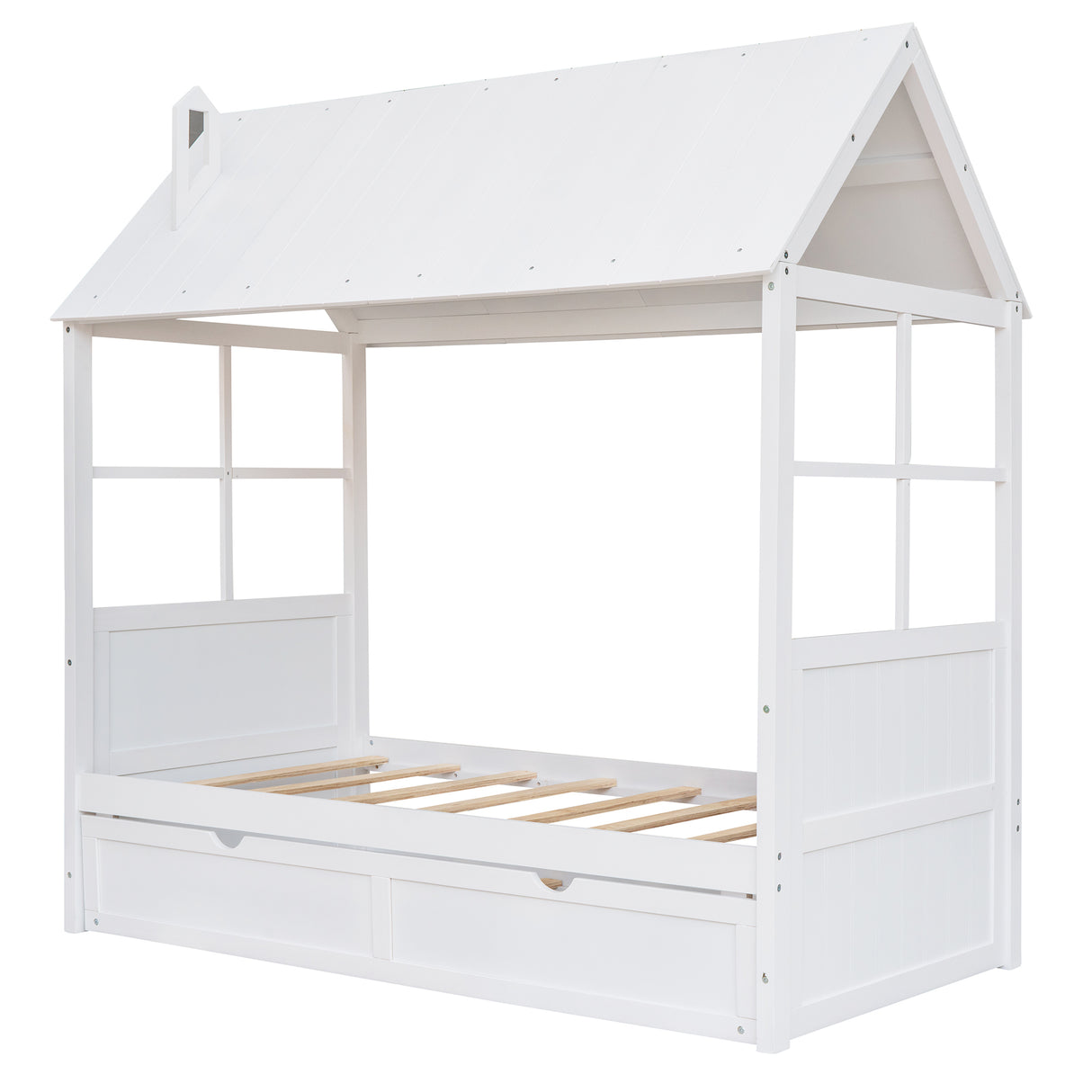 Twin Size Wood House Bed With Twin Size Trundle, Wooden Daybed, White