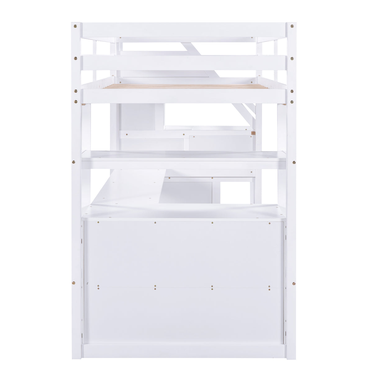 Twin Size Loft Bed with Desk and Shelves, Two Built-in Drawers, Storage Staircase, White