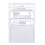 Twin Size Loft Bed with Desk and Shelves, Two Built-in Drawers, Storage Staircase, White