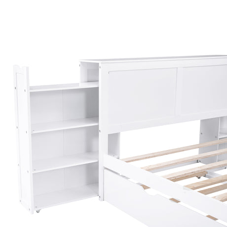 Full Size Storage Platform Bed with Pull Out Shelves and Twin Size Trundle, White - Home Elegance USA