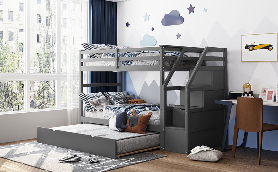 Twin-Over-Twin Bunk Bed with Twin Size Trundle and 3 Storage Stairs,Gray (OLD SKU :LP000064AAE) - Home Elegance USA