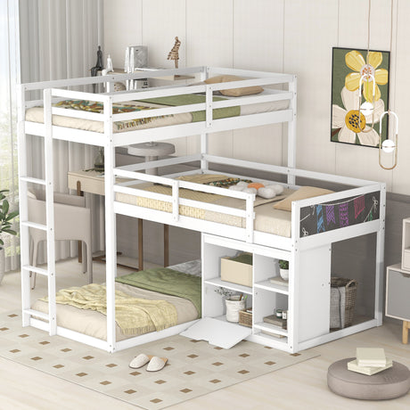 L-shaped Wood Triple Twin Size Bunk Bed with Storage Cabinet and Blackboard, Ladder, White - Home Elegance USA