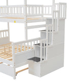 Twin over Full Size House Bunk Bed with Storage Staircase and Trundle,Full-Length Guardrail,White - Home Elegance USA