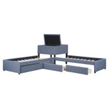 L-shaped Upholstered Platform Bed with Trundle and Two Drawers Linked with built-in Desk,Twin,Gray - Home Elegance USA