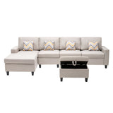 Nolan Beige Linen Fabric 5Pc Reversible Sofa Chaise with Interchangeable Legs, Storage Ottoman, and Pillows - Home Elegance USA